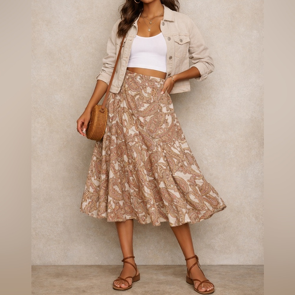 Chadwick’s Paisley Cotton Midi Skirt 4P | Boho A-Line Flowy Cottagecore Vintage